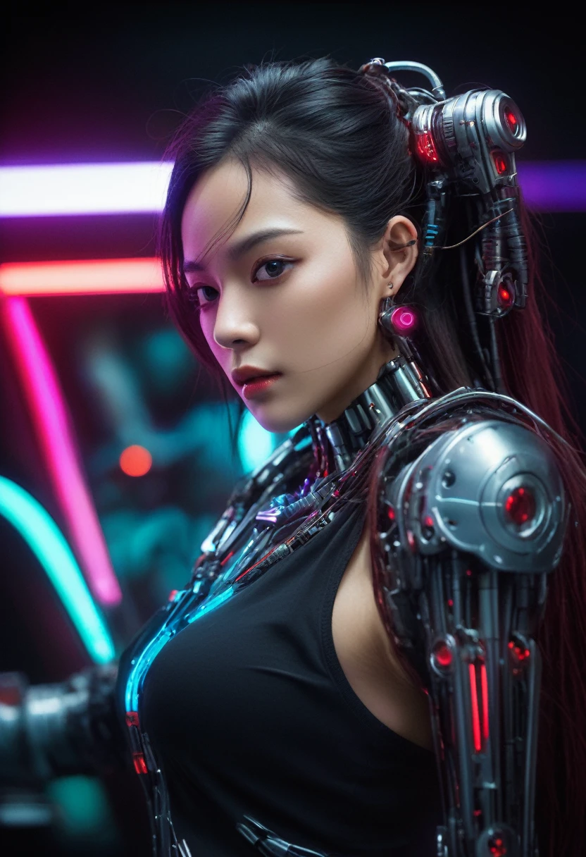xxmixgirl. Highly detailed professional 35mm film, bokeh, face in sharp focus. A robotic female, Miku, with ((metal skin)), ((perfect Asian eyes)) with magenta irises and ((black pupils)), beautiful serious (detailed face), 18 year old ((photorealistic face)), very long magenta twin tails of magenta hair, twin black hair ties with a single red stripe. She may have a black audio headpiece. We can see her ((full body)) down to her boot soles. Her outfit is a sleeveless collared light grey shirt, outlined in red around the frilled collar and hems. Shiny reflective ((metallic breast cups, dimpleless)), invisible nipples. She wears black sleeves with red hems that start around her upper arm and bellow out as the sleeves open and extend to her wrists, with wide trumpet red rimmed cuffs. She has perfect robotic (detailed hands). She wears a red colored tie with two horizontal solid parallel black lines halfway across. She wears a fabric black skirt with a horizontal red hem at the bottom all the way around; her (((black skirt wraps around her))) and ((her skirt completely covers)) her robotic waist and thighs. Tall black boots with red bottom soles, a red rim around the top at her thighs. Her mechanical shoulder joints are visible. We can see her robotic legs and robotic neck. Half of her is covered with shiny polished machinery. The background is a distant dark neon futuristic Japanese city, gold, cyan, violet neon, near harbor or mountains.