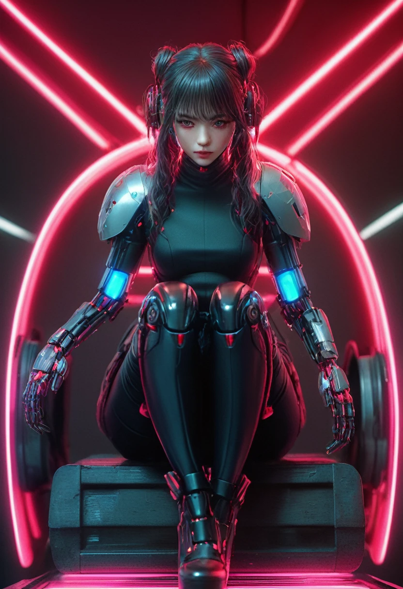 xxmixgirl. Highly detailed professional 35mm film, bokeh, face in sharp focus. A robotic female, Miku, with ((metal skin)), ((perfect Asian eyes)) with magenta irises and ((black pupils)), beautiful serious (detailed face), 18 year old ((photorealistic face)), very long magenta twin tails of magenta hair, twin black hair ties with a single red stripe. She may have a black audio headpiece. We can see her ((full body)) down to her boot soles. Her outfit is a sleeveless collared light grey shirt, outlined in red around the frilled collar and hems. Shiny reflective ((metallic breast cups, dimpleless)), invisible nipples. She wears black sleeves with red hems that start around her upper arm and bellow out as the sleeves open and extend to her wrists, with wide trumpet red rimmed cuffs. She has perfect robotic (detailed hands). She wears a red colored tie with two horizontal solid parallel black lines halfway across. She wears a fabric black skirt with a horizontal red hem at the bottom all the way around; her (((black skirt wraps around her))) and ((her skirt completely covers)) her robotic waist and thighs. Tall black boots with red bottom soles, a red rim around the top at her thighs. Her mechanical shoulder joints are visible. We can see her robotic legs and robotic neck. Half of her is covered with shiny polished machinery. The background is a distant dark neon futuristic Japanese city, gold, cyan, violet neon, near harbor or mountains.
