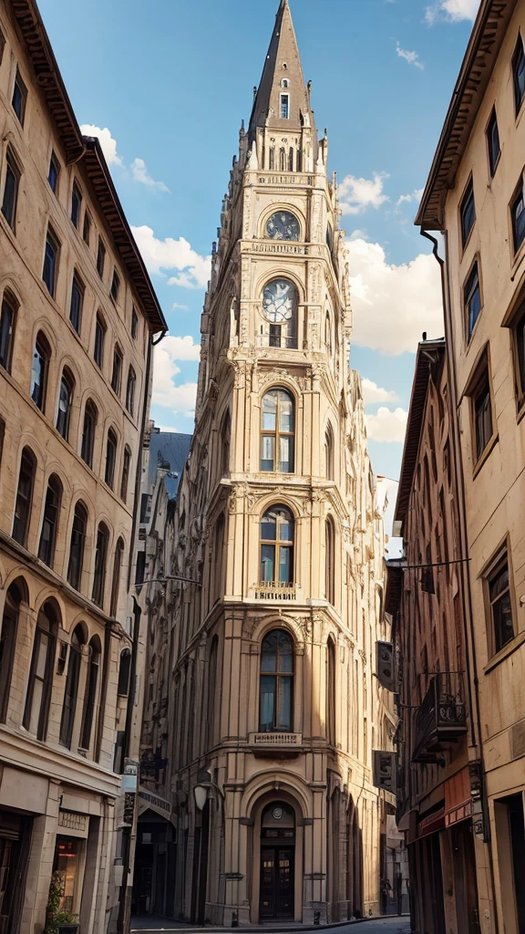 Old Building in the City Center: An image of an old, imposing building in the city center. The building has classic architecture with ornate details worn by time. Some windows are broken or covered in dust, and there's a sense of abandonment, with long shadows and a cloudy sky in the background