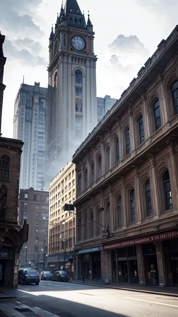 Old Building in the City Center: An image of an old, imposing building in the city center. The building has classic architecture with ornate details worn by time. Some windows are broken or covered in dust, and there's a sense of abandonment, with long shadows and a cloudy sky in the background