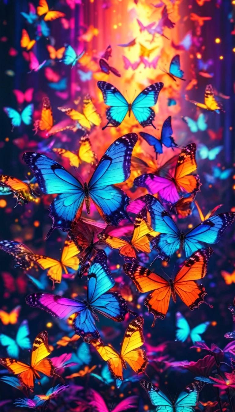 Countless fantastical butterflies with shining wings fluttering about, Highest quality, High resolution, beautiful, Neon color