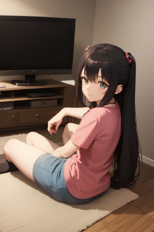 An anime girl watching TV sitting on the floor