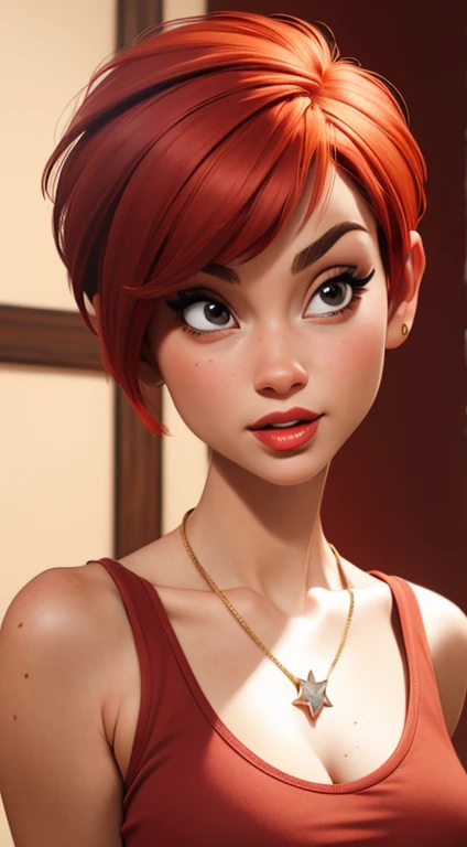 Close-up focus on 1 skinny model, wearing a red fitted tank top that covers her small breasts, pixie cut red hair, red lips, necklace, High quality, Masterpiece, Best quality, Extremely detailed, warm colors, Photorealistic