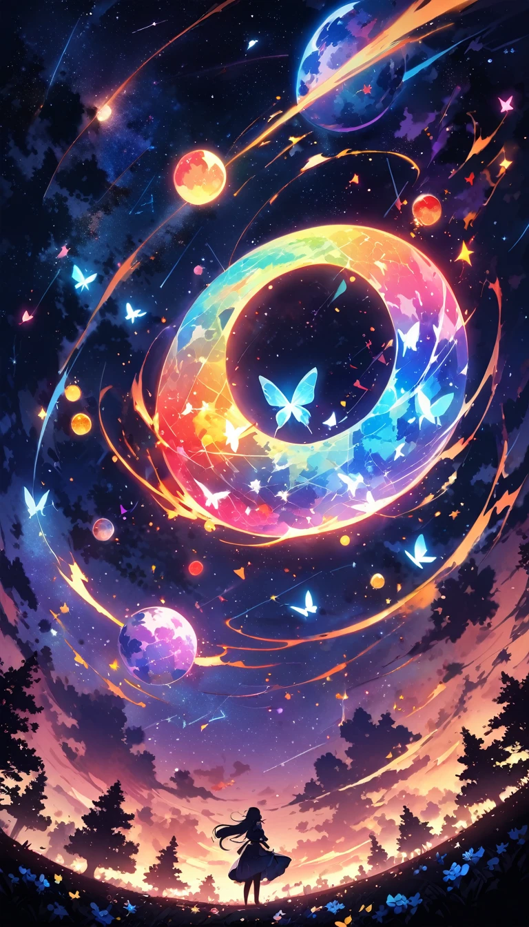 masterpiece、background((excellent starry sky、meteor、magic))、depth((Huge trees、excellent、luminescent))、A beautiful girl、piece、Rear view、From face to waist,Anime inspired by Makoto Shinkai, Space art,mystery,light,Butterfly, constellation, Girl riding on the crescent moon, nebula, Blue rose petals, Multicolored Glass, entire field of Multicolored Glass