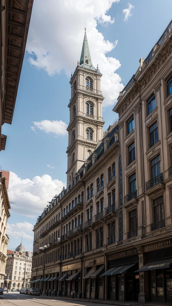 Old Building in the City Center: An image of an old, imposing building in the city center. The building has classic architecture with ornate details worn by time. Some windows are broken or covered in dust, and there's a sense of abandonment, with long shadows and a cloudy sky in the background