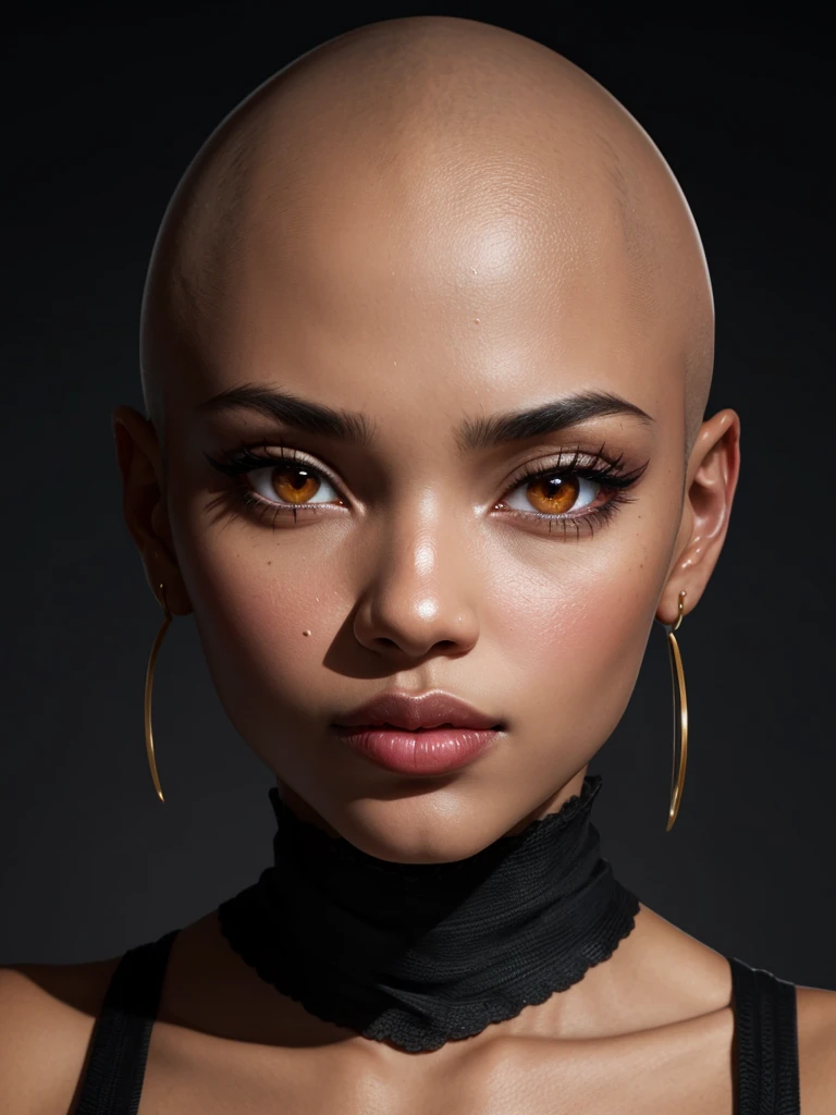 beautiful woman, black, bald, face, close up, front, clear skin, pinterest, instagram model, makeup, UHD, retina, masterpiece, textured skin, super detail, high details, high quality, best quality, highres, HD, 4K, 8k, 16k