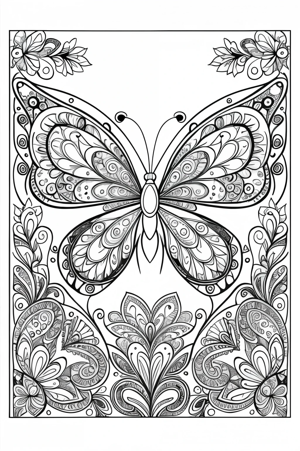 ((best quality)), ((masterpiece)), (detailed), line art for coloring, combine beautiful butterflies with intricate paisley designs
