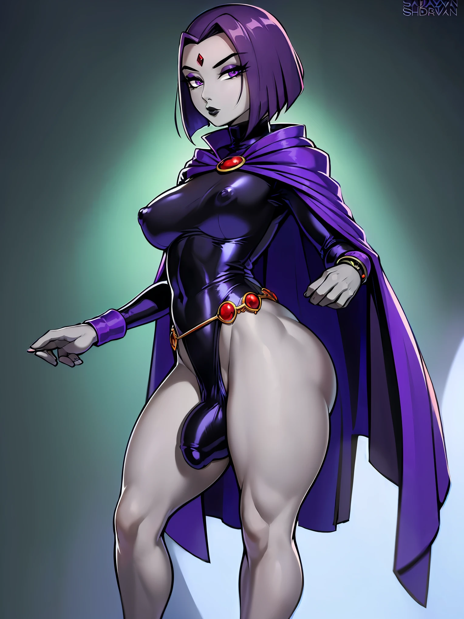 (solo:1.1),(masterpiece), (best quality:1.3), ultra detailed, intricate, (nice hands:1.6), professional art, digital art, absurdres, shadraven, (Full body view:1.1), 1girl, solo, (grey skin:1.4), dark purple hair, bob hair, dark purple eyes, hips wider than shoulders, pear shaped body, jewellery, detailed thighs, thick thighs, red jewel in forehead, jewels, (long sleeved turtleneck leotard:1.3), cuffs, small breasts, nipple bulge, (shadraven long cloak), (Shadraven broach:1.2), Shadraven jewel belt, Shadraven wearing a long sleeved leotard, long legs, ( long crotch bulge:1.4), large penis, large testicles, side view, looking at viewer, bubble butt , gluteal crease, universal lighting,,