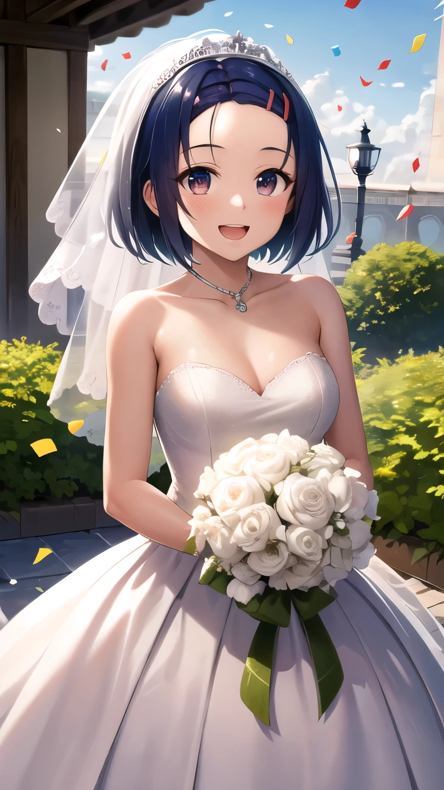 masterpiece, best quality, highres, aaharuna, short hair, hairclip, forehead, wedding dress, white dress, garden, smile, holding bouquet, open mouth, confetti,