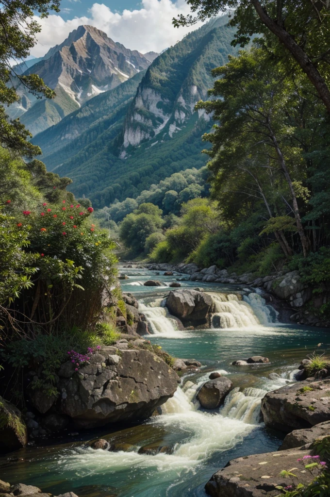 nature painting with mountain seen from far away background with waterfall and jungle surround, and river flowing between rocky mountain, amazing 4k detailed color, wonderful nature painting art, full of color and rich of detail