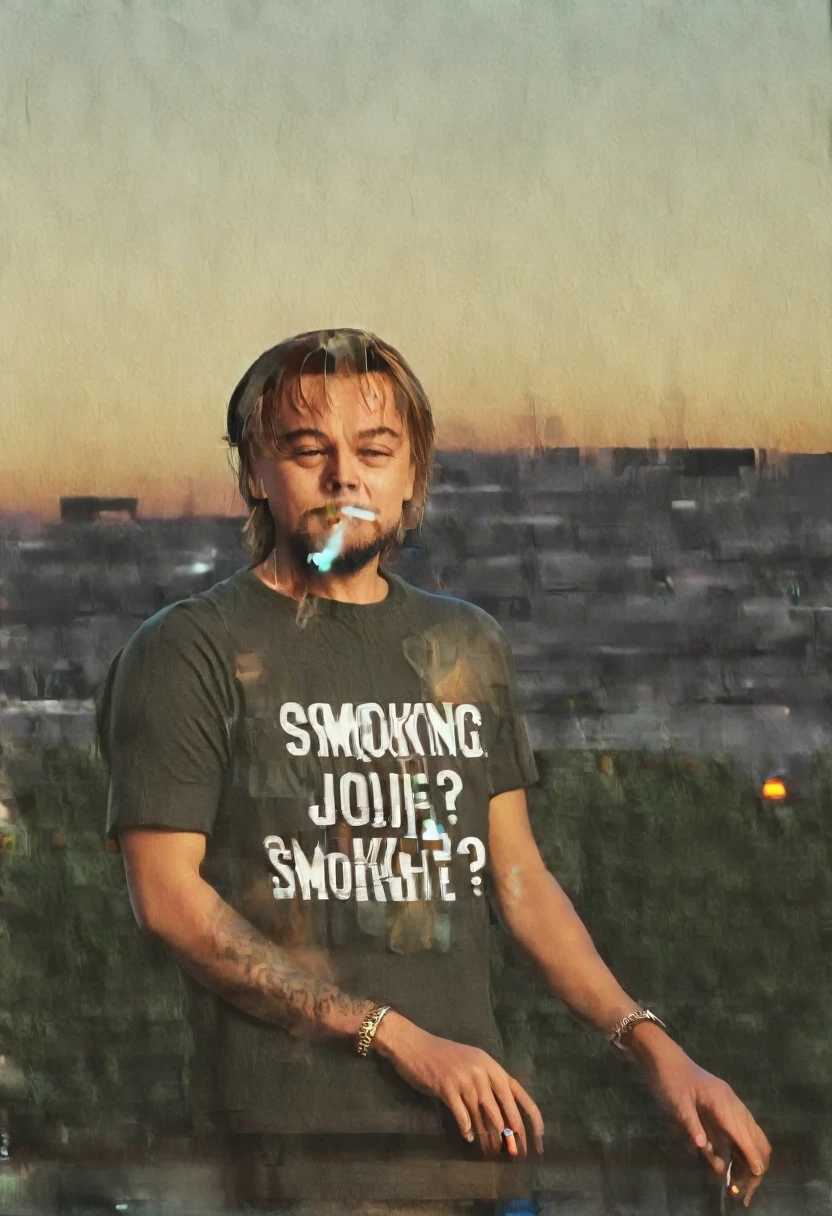 Medium format analog photography, (Leonardo DiCaprio casually smoking a joint:1.3), Frontal composition, Relaxed pose, Graphic t-shirt with text "Got Spliff?":1.3, Light stubble, Slightly tousled hair, (Urban backdrop:1.2), Distant city skyline, Warm soft lighting, Captured with a Contax 645, 80mm f/2 lens, Natural shadows, Intimate atmosphere, Detailed textures.