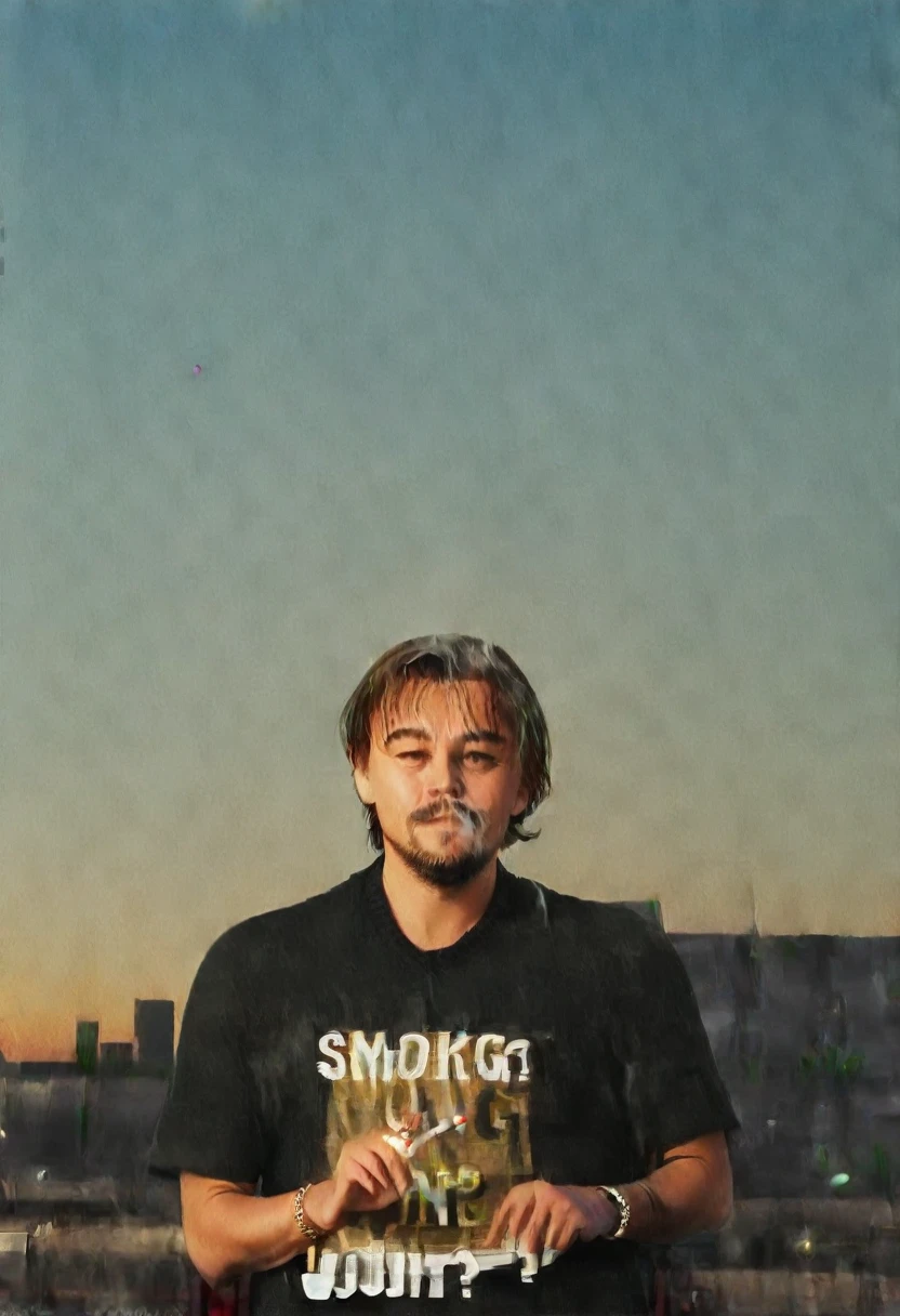 Medium format analog photography, (Leonardo DiCaprio casually smoking a joint:1.3), Frontal composition, Relaxed pose, Graphic t-shirt with text "Got Spliff?":1.3, Light stubble, Slightly tousled hair, (Urban backdrop:1.2), Distant city skyline, Warm soft lighting, Captured with a Contax 645, 80mm f/2 lens, Natural shadows, Intimate atmosphere, Detailed textures.