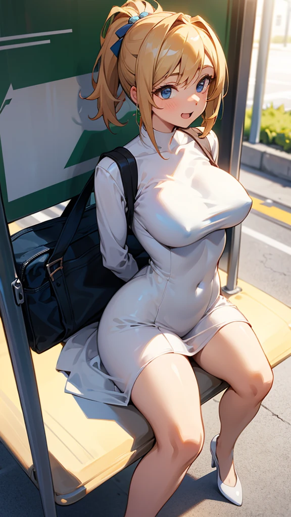 An excited girl waiting for the bus stop sitting with her legs wide open wearing a very tight and very transparent dress, naked showing her big breasts and tits and showing her vagina and arms behind her back. 