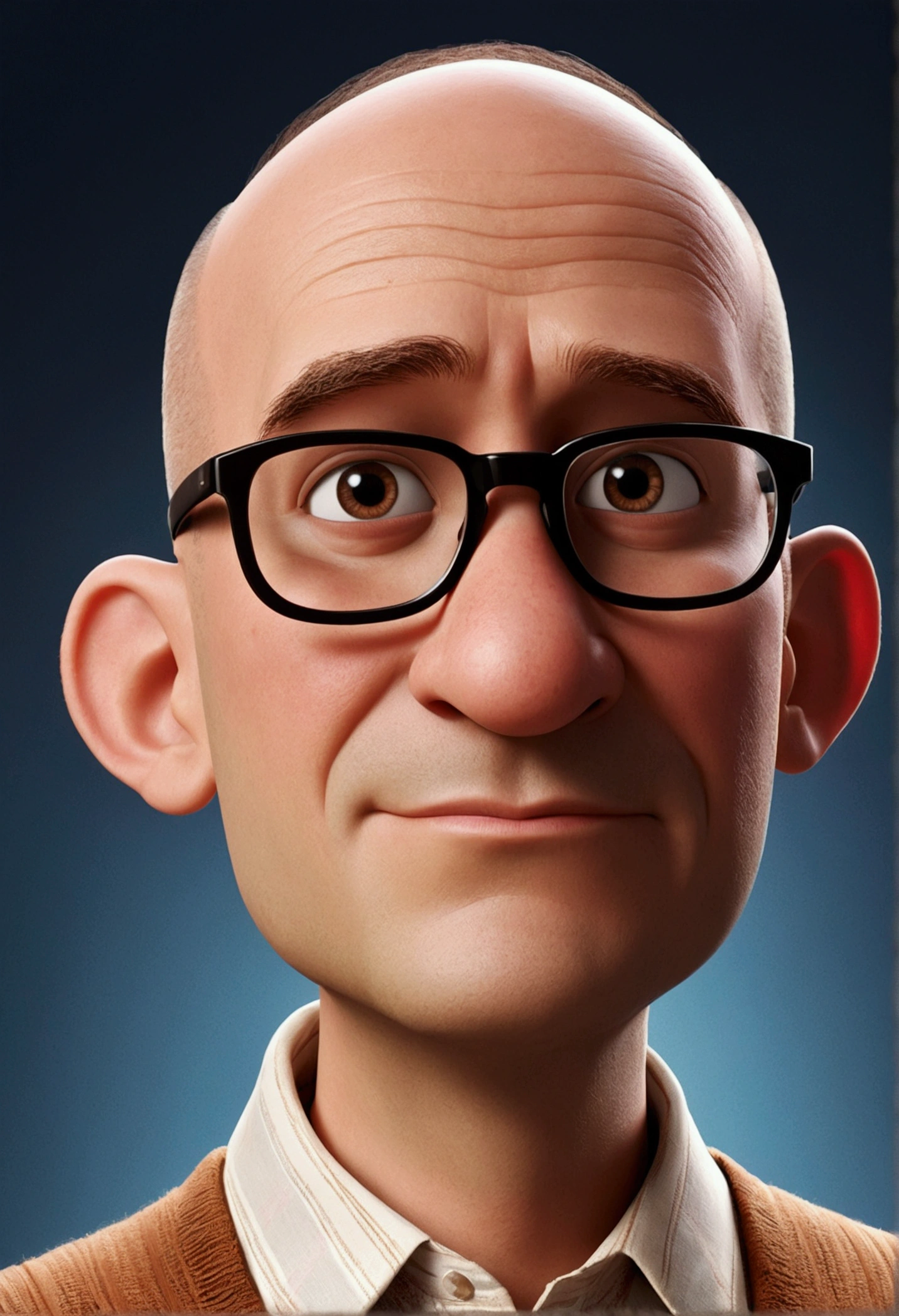 Make a Pixar Character, HOME, offwhite, coulos, shaven hair, almost bald, BROWN COLOR, RECTANGULAR GLASSES, orelhudo, He's nice, Youngh, com 30 anos