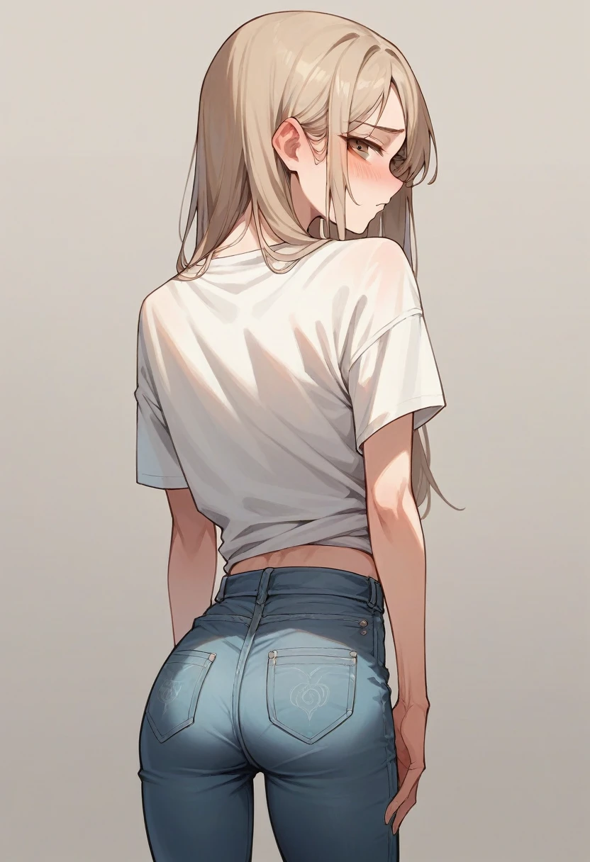skinny girl, white, medium long light brown hair, that he has jeans and a shirt that gives him a waist that is on his back, and it looks very sweet and also sensual, that is facing forwardLooking at the viewer, blush, from behind, 