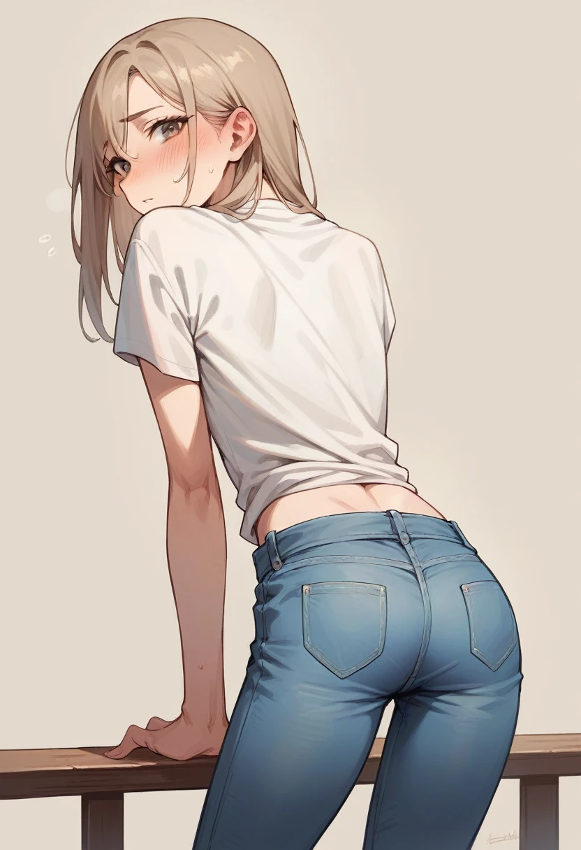 skinny girl, white, medium long light brown hair, that he has jeans and a shirt that gives him a waist that is on his back, and it looks very sweet and also sensual, that is facing forwardLooking at the viewer, blush, from behind, 