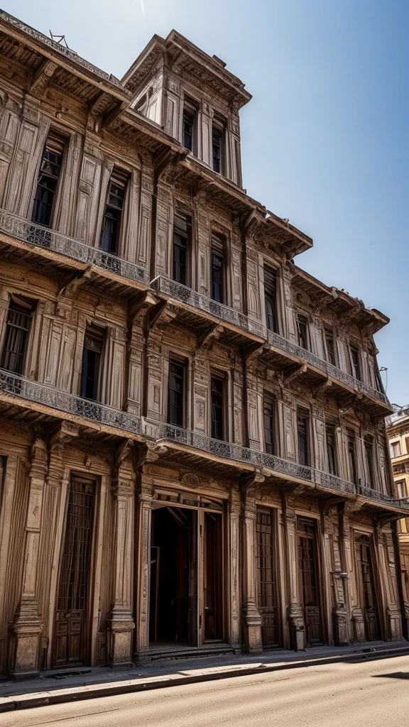 Old Building in the City Center: An image of an old, imposing building in the city center. The building has classic architecture with ornate details worn by time. Some windows are broken or covered in dust, and there's a sense of abandonment, with long shadows and a cloudy sky in the background