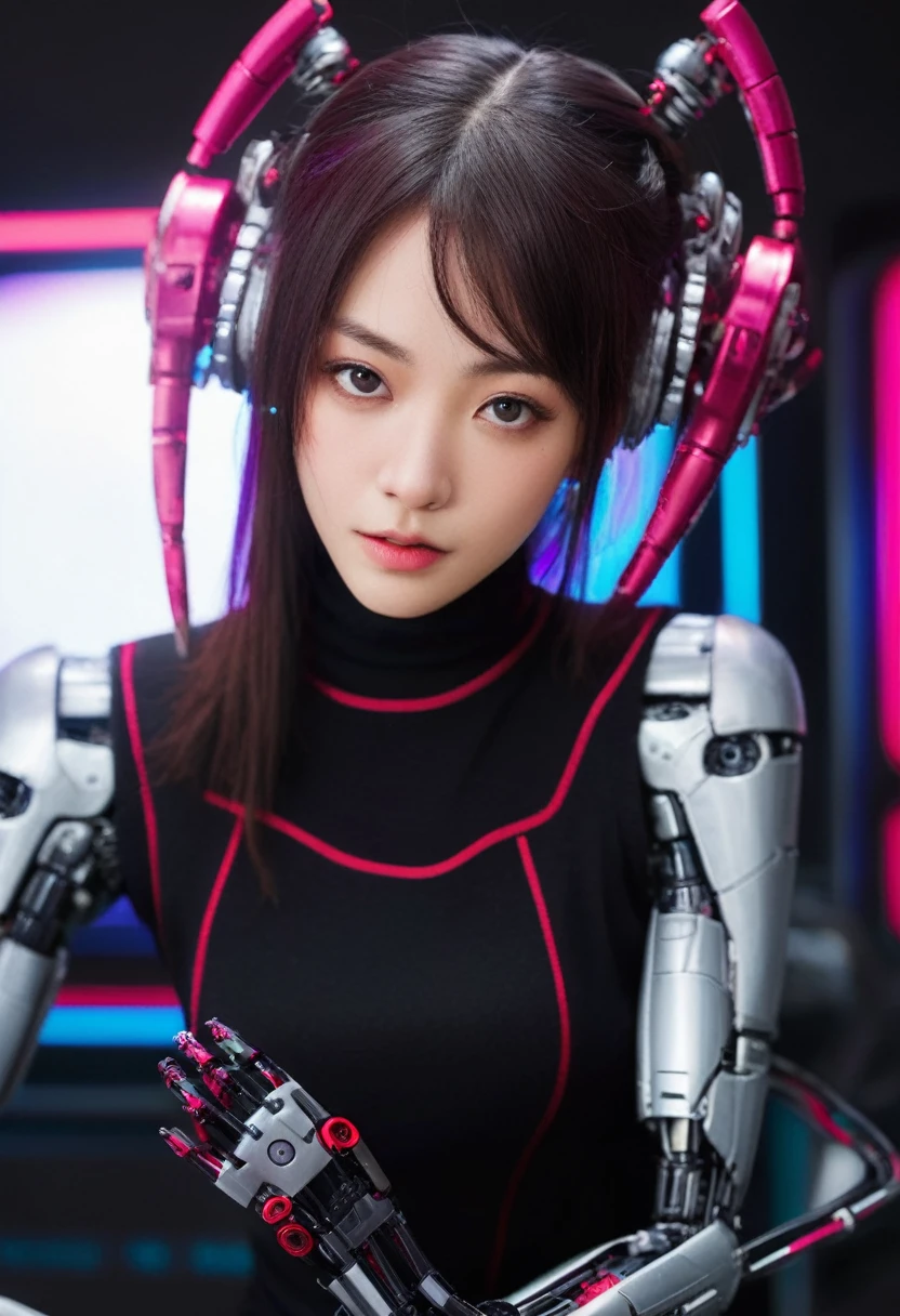 xxmixgirl. Highly detailed professional 35mm film, bokeh, face in sharp focus. A robotic female, Miku, with ((metal skin)), ((perfect Asian eyes)) with magenta irises and ((black pupils)), beautiful serious (detailed face), 18 year old ((photorealistic face)), very long magenta twin tails of magenta hair, twin black hair ties with a single red stripe. She may have a black audio headpiece. We can see her ((full body)) down to her boot soles. Her outfit is a sleeveless collared light grey shirt, outlined in red around the frilled collar and hems. Shiny reflective ((metallic breast cups, dimpleless)), invisible nipples. She wears black sleeves with red hems that start around her upper arm and bellow out as the sleeves open and extend to her wrists, with wide trumpet red rimmed cuffs. She has perfect robotic (detailed hands). She wears a red colored tie with two horizontal solid parallel black lines halfway across. She wears a fabric black skirt with a horizontal red hem at the bottom all the way around; her (((black skirt wraps around her))) and ((her skirt completely covers)) her robotic waist and thighs. Tall black boots with red bottom soles, a red rim around the top at her thighs. Her mechanical shoulder joints are visible. We can see her robotic legs and robotic neck. Half of her is covered with shiny polished machinery. The background is a distant dark neon futuristic Japanese city, gold, cyan, violet neon, near harbor or mountains.