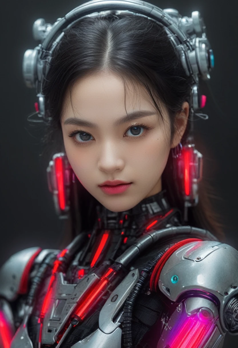 xxmixgirl. Highly detailed professional 35mm film, bokeh, face in sharp focus. A robotic female, Miku, with ((metal skin)), ((perfect Asian eyes)) with magenta irises and ((black pupils)), beautiful serious (detailed face), 18 year old ((photorealistic face)), very long magenta twin tails of magenta hair, twin black hair ties with a single red stripe. She may have a black audio headpiece. We can see her ((full body)) down to her boot soles. Her outfit is a sleeveless collared light grey shirt, outlined in red around the frilled collar and hems. Shiny reflective ((metallic breast cups, dimpleless)), invisible nipples. She wears black sleeves with red hems that start around her upper arm and bellow out as the sleeves open and extend to her wrists, with wide trumpet red rimmed cuffs. She has perfect robotic (detailed hands). She wears a red colored tie with two horizontal solid parallel black lines halfway across. She wears a fabric black skirt with a horizontal red hem at the bottom all the way around; her (((black skirt wraps around her))) and ((her skirt completely covers)) her robotic waist and thighs. Tall black boots with red bottom soles, a red rim around the top at her thighs. Her mechanical shoulder joints are visible. We can see her robotic legs and robotic neck. Half of her is covered with shiny polished machinery. The background is a distant dark neon futuristic Japanese city, gold, cyan, violet neon, near harbor or mountains.