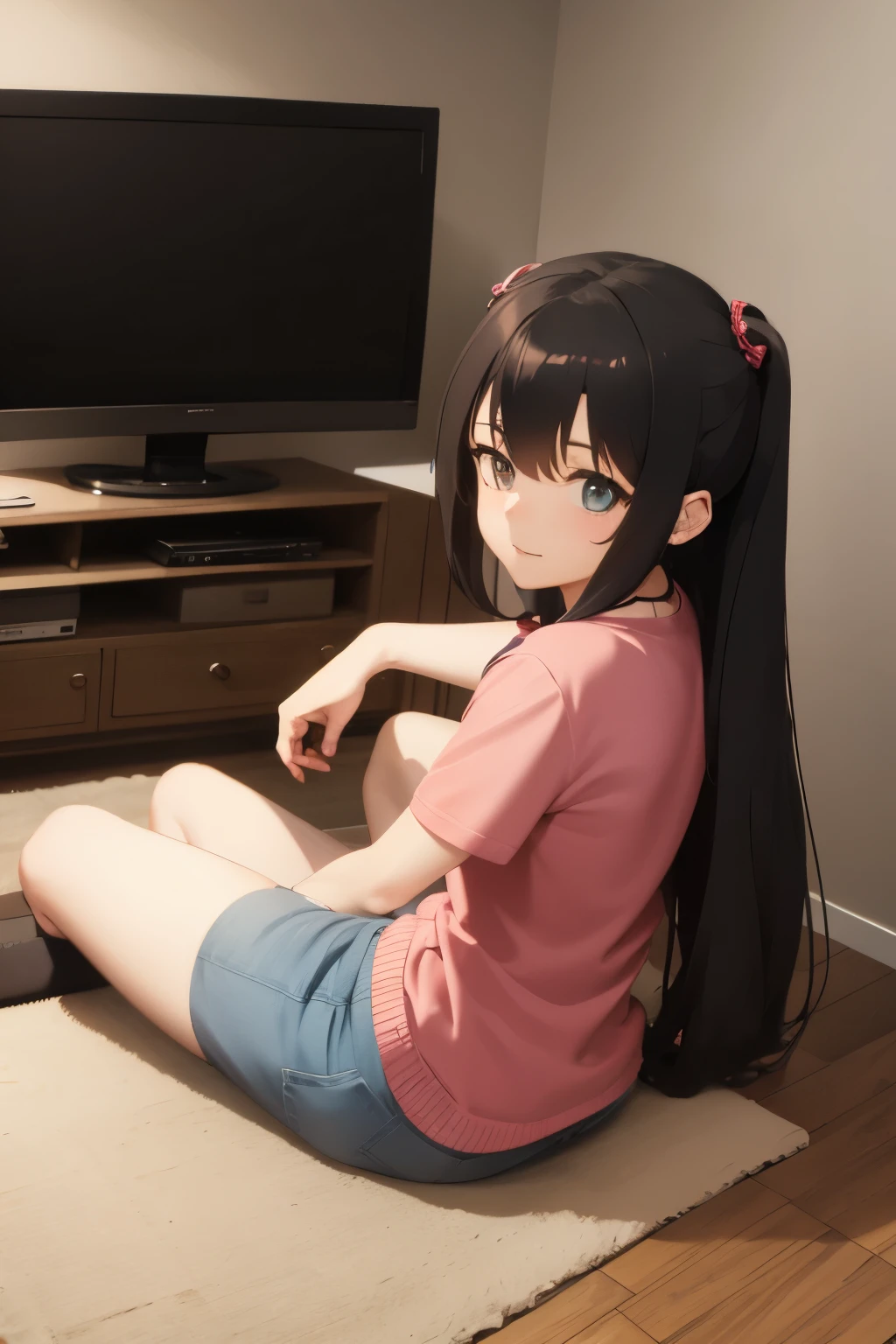 An anime girl watching TV sitting on the floor