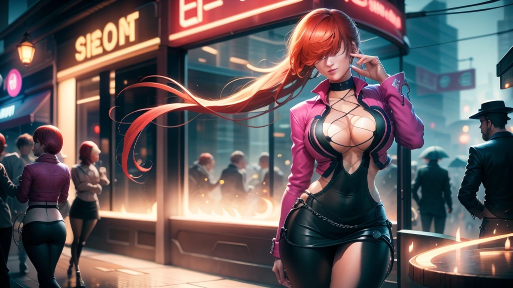 (at night), in a video game scene a background a beautiful city at night raining, alone, alone, standing at attention, pink suit, pink jacket, choker, neckline, cut of clothes, earrings, has long bangs on the hair covering the eyes ((hair over the eyes)), 1 girl, 20 years old, young woman, perfect hands, beautiful fingers, beautiful long legs, beautiful body, beautiful nose, beautiful character design, perfect face, looking at the spectator with serious gesture, is on a phone call with his cell phone in hand (focusing on his face), closed mouth, Light_Smile, official art, extremely detailed CG unity 8k wallpaper, perfect lighting, bright and colorful front lighting, skin glossy (masterpiece: 1.0), (best_quality: 1.0), ultra high resolution, 4K, ultra detailed photography, 8K, HDR, high resolution, nonsense:1.2, Kodak portra 400, film grain, blurred background, bokeh:1.2, lens flare, (vibrant_color:1.2), professional photography, (Beautiful, breasts: 1.4), (beautiful_face: 1.5), (narrow waist),
