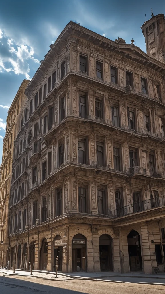 Old Building in the City Center: An image of an old, imposing building in the city center. The building has classic architecture with ornate details worn by time. Some windows are broken or covered in dust, and there's a sense of abandonment, with long shadows and a cloudy sky in the background
