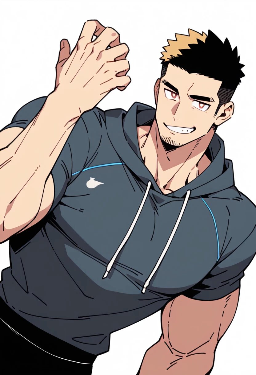 anime characters：Priapus, Dark Yellow Skin Muscle Sports Student, Manliness, male focus, Sports tight hooded sweatshirt, Under Armour Brand, Wear a high-necked tights underneath, Very tight, Huge pectoral muscles, muscular male, muscular, Perfect muscular waist, only, Upper body, alone, Red short hair, Thick eyebrows, stubble, Brown-red pupils, White background, simple background, amazing quality, best aesthetics, Ridiculous, crew cut, smirk, bright pupils, grin, negative space, negative space, best quality