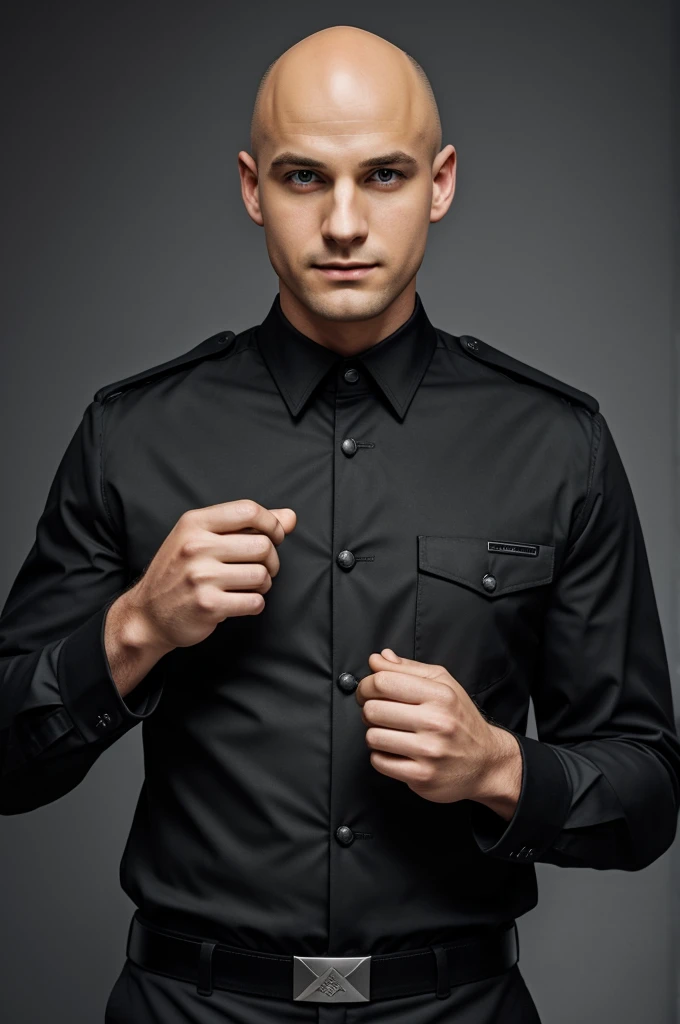 A bald youngman doing a tringle with his hands, he is wesring all black uniform