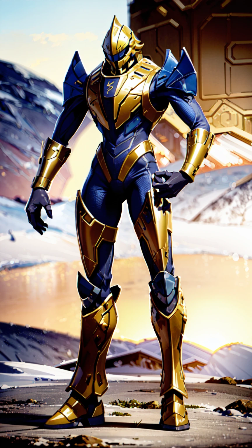 sangheili, alien, armor, gold armor, helmet, bodysuit, arctic, snow, best quality, masterpiece, detailed, full body, standing, looking at viewer, open mouth, hands on hips,  