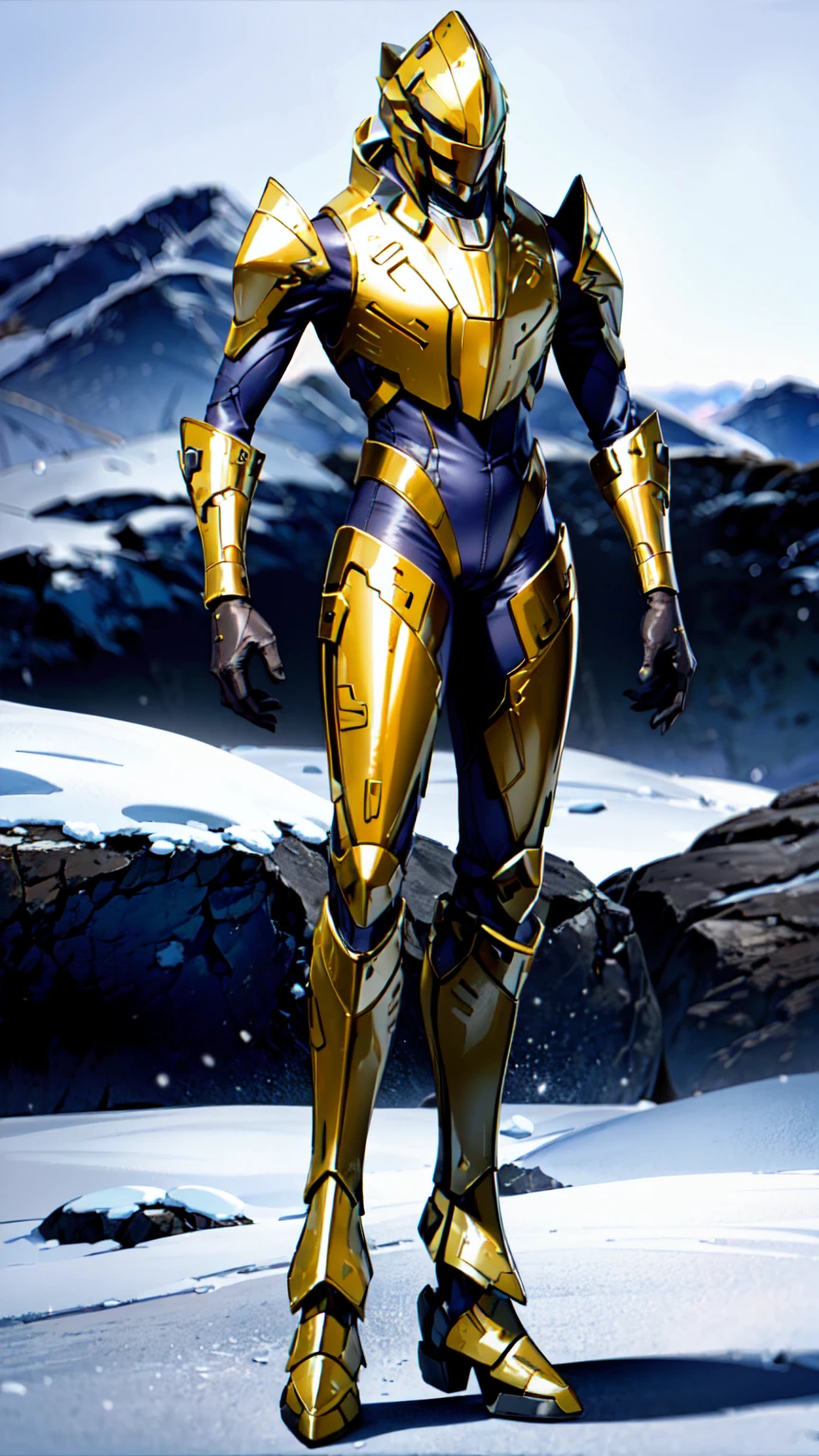 sangheili, alien, armor, gold armor, helmet, bodysuit, arctic, snow, best quality, masterpiece, detailed, full body, standing, looking at viewer, open mouth, hands on hips,  