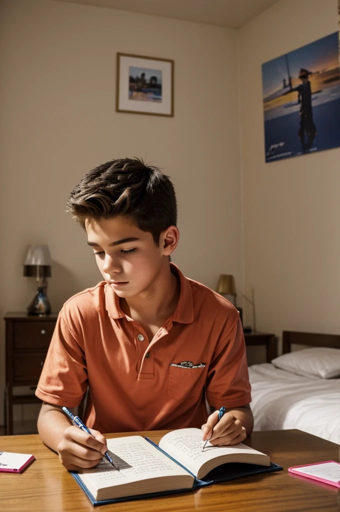 An image of a 17 year old boy in the room decorated in a youthful style, writing in a diary. This image should be called What you don't see with my name(joaowest03) signed below.