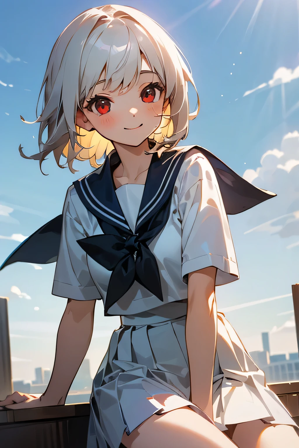 ((masterpiece,Highest quality, High resolution)), One girl, alone, Red eyes, Short white hair, smile, Sailor suit, Short sleeve, White pleated skirt, (Cute illustrations:1.2), (blue sky), Dramatic Light, afternoon, Bokeh effect