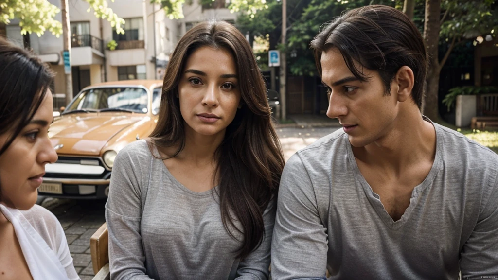 Imagem de uma mulher brasileira de 48 years old, mature physiognomy, long hair, staring at a young 24 year old boy.
Detailed Description:
- Woman: Brazilian, 48 years old, mature physiognomy. Tem long hair e escuros, with some discreet gray hairs. She has defined facial features, denoting experience and serenity. His gaze is firm and penetrating, demonstrating confidence and perhaps a slight air of defiance.
- Young boy: He is 24 years old and is also of Brazilian descent.. He has an expression of surprise mixed with curiosity as he looks at the older woman.. Your face reflects youth and energy, contrasting with the serenity of the woman.
enviroment:
- The scene is illuminated, possibly in an outdoor urban environment during the day. The light highlights the woman's hair and her facial expression, while the young boy is partially lit, emphasizing his reaction to the older woman.
The image captures the moment of an unexpected meeting or a tense dialogue between generations, where both characters appear to be evaluating each other with curiosity and perhaps a certain amount of caution.