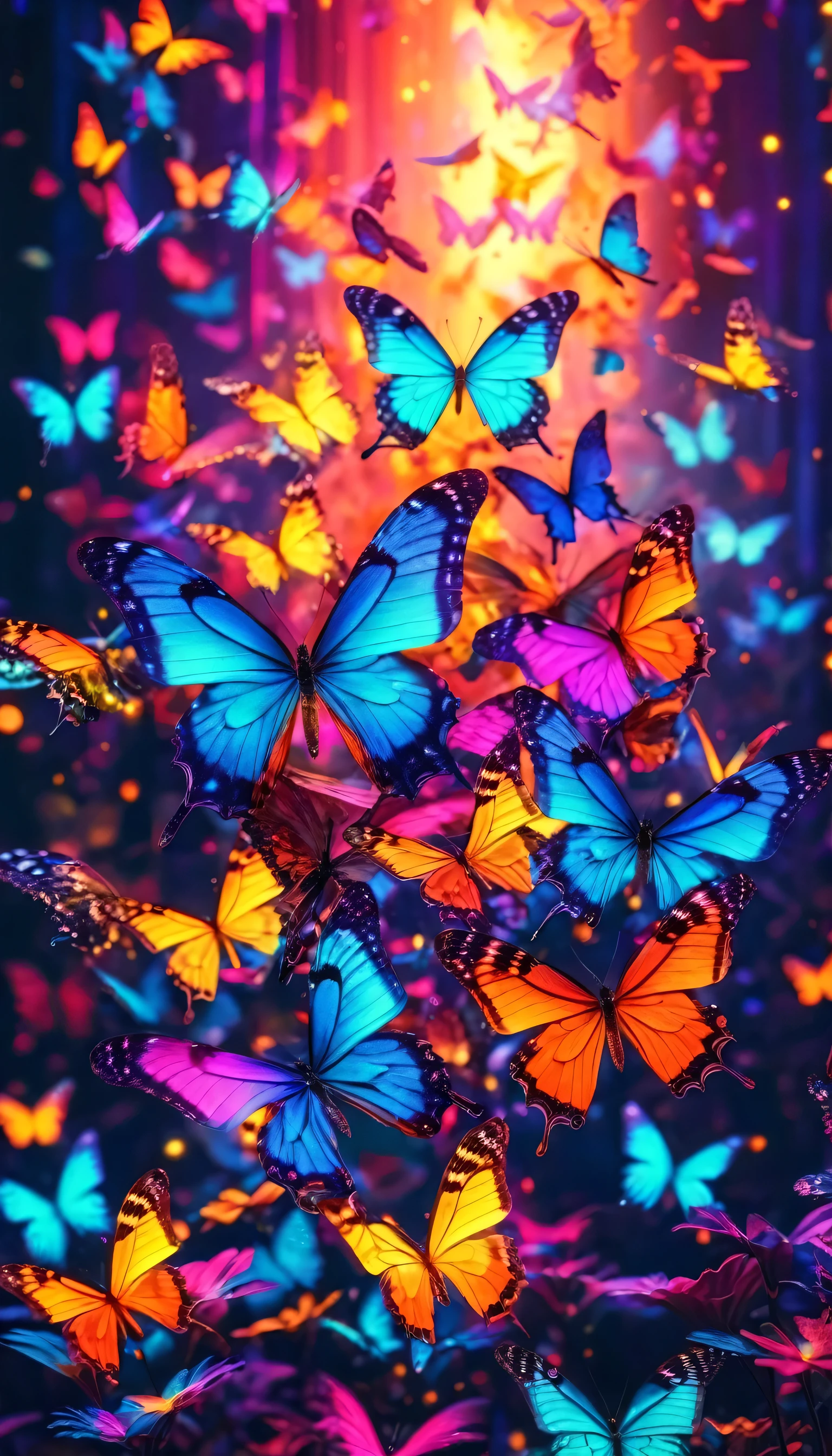 Countless fantastical butterflies with shining wings fluttering about, Highest quality, High resolution, beautiful, Neon color