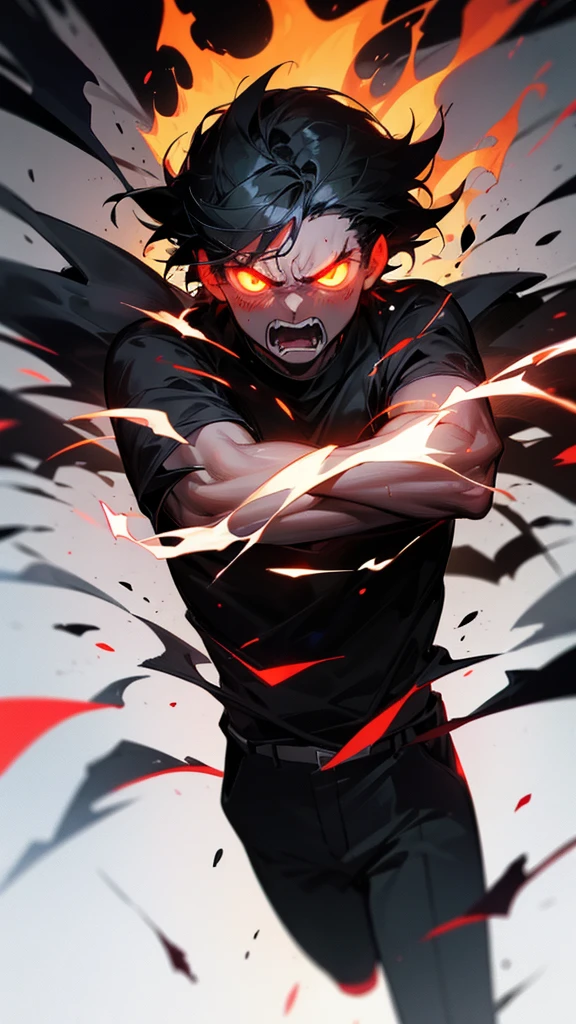 (Glowing eyes), black shirt, burning eyes, black hair, 1 man, masterpiece, angry, whole body.