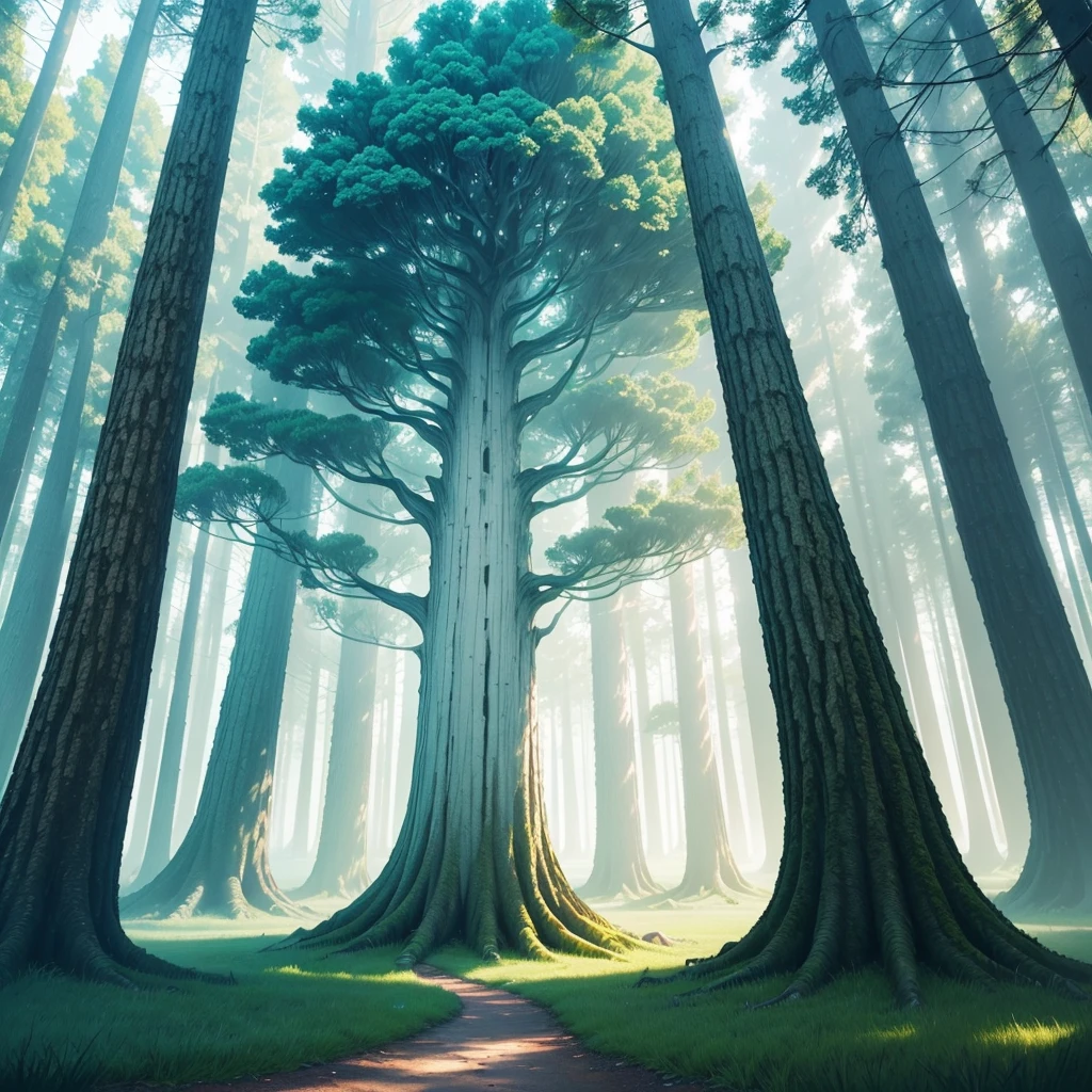 **Create an image of a tree with a white trunk and cyan leaves. The tree should be depicted in a surreal or fantasy setting to emphasize the unique color scheme. The white trunk should be detailed with subtle textures and a smooth appearance, contrasting with the vibrant cyan leaves. The background can be a complementary color to highlight the tree, perhaps with a gradient sky or ethereal environment. The overall composition should convey a sense of tranquility and otherworldliness, making the tree stand out as a focal point in the scene.**