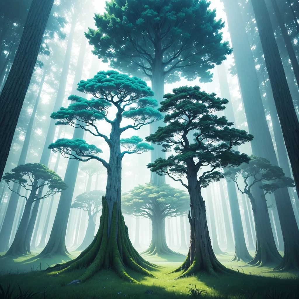 **Create an image of a tree with a white trunk and cyan leaves. The tree should be depicted in a surreal or fantasy setting to emphasize the unique color scheme. The white trunk should be detailed with subtle textures and a smooth appearance, contrasting with the vibrant cyan leaves. The background can be a complementary color to highlight the tree, perhaps with a gradient sky or ethereal environment. The overall composition should convey a sense of tranquility and otherworldliness, making the tree stand out as a focal point in the scene.**