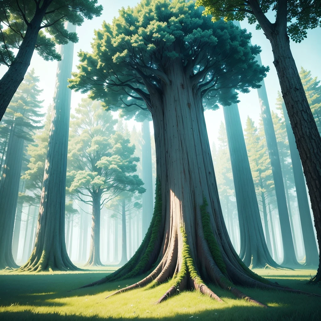 **Create an image of a tree with a white trunk and cyan leaves. The tree should be depicted in a surreal or fantasy setting to emphasize the unique color scheme. The white trunk should be detailed with subtle textures and a smooth appearance, contrasting with the vibrant cyan leaves. The background can be a complementary color to highlight the tree, perhaps with a gradient sky or ethereal environment. The overall composition should convey a sense of tranquility and otherworldliness, making the tree stand out as a focal point in the scene.**