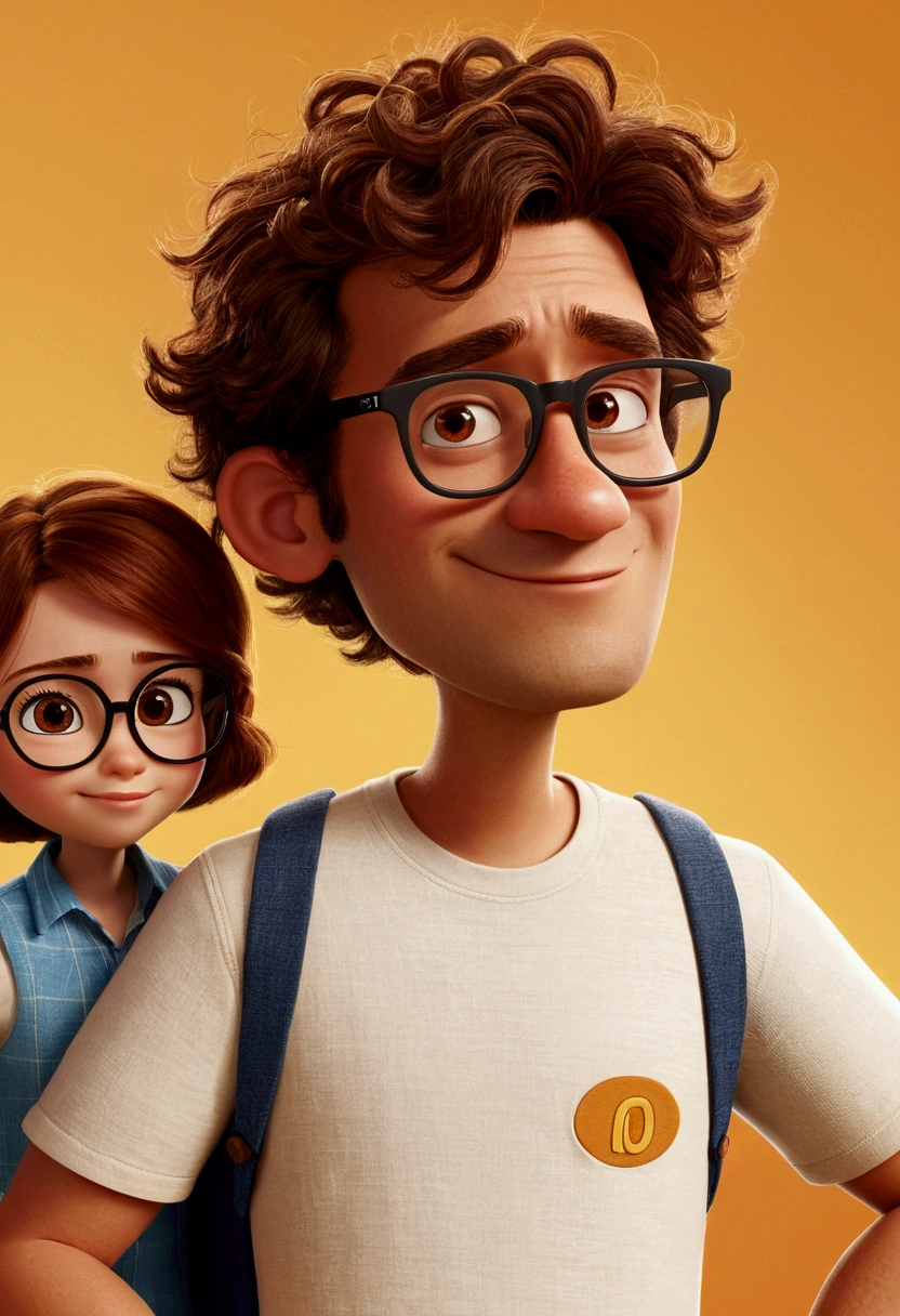 Make a Pixar Character, HOME, offwhite, coulos, curry hair, Brown color, RECTANGULAR GLASSES, orelhudo, He's nice, Youngh, com 30 anos