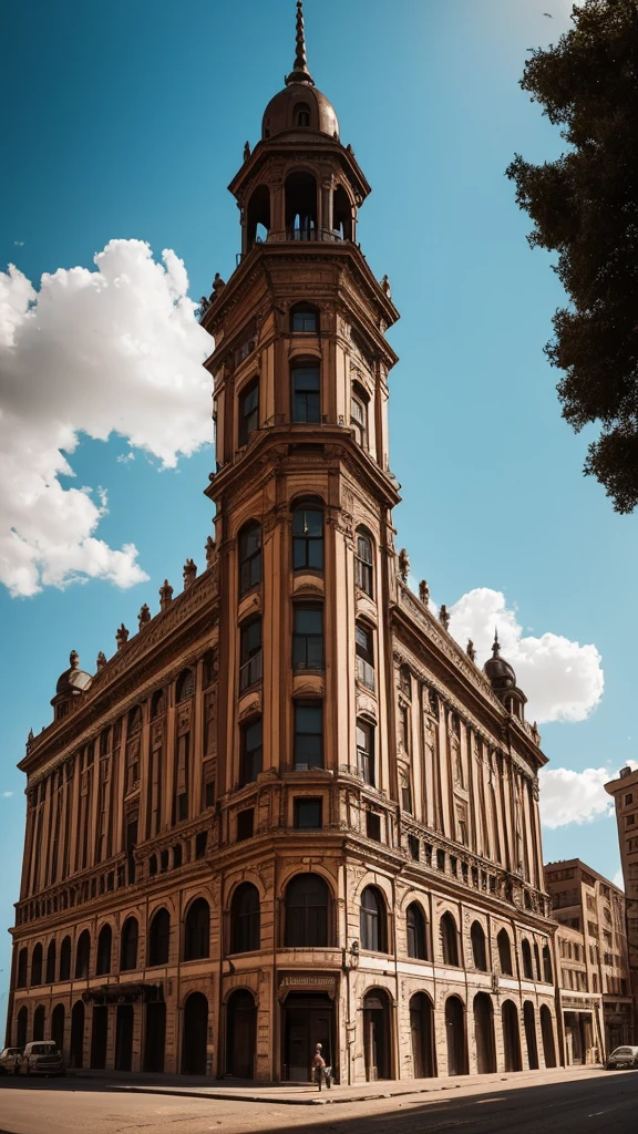 Old Building in the City Center: An image of an old, imposing building in the city center. The building has classic architecture with ornate details worn by time. Some windows are broken or covered in dust, and there's a sense of abandonment, with long shadows and a cloudy sky in the background