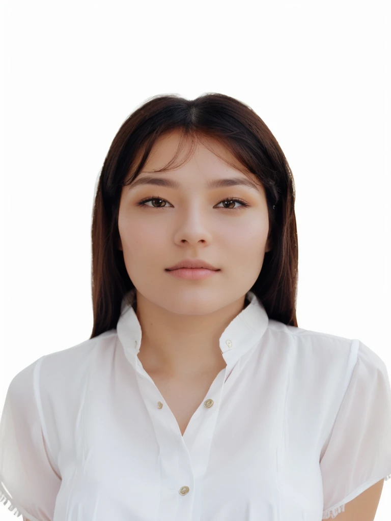 There is a woman in a feminine white blouse, Long hair, fringe, Looking towards the camera