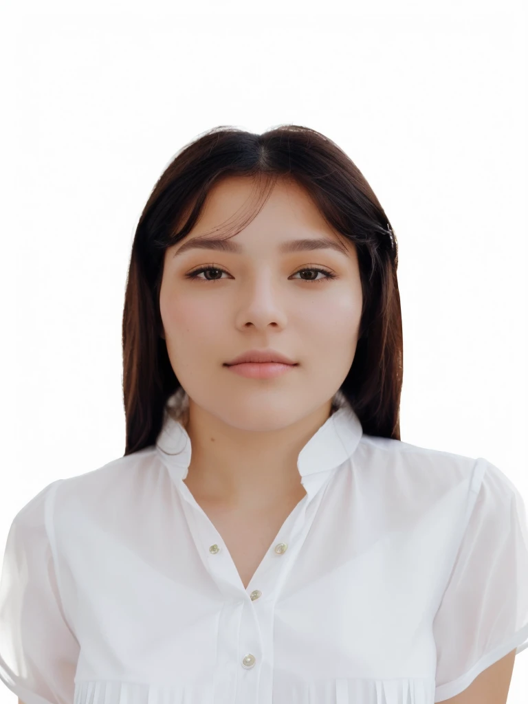 There is a woman in a feminine white blouse, Long hair, fringe, Looking towards the camera