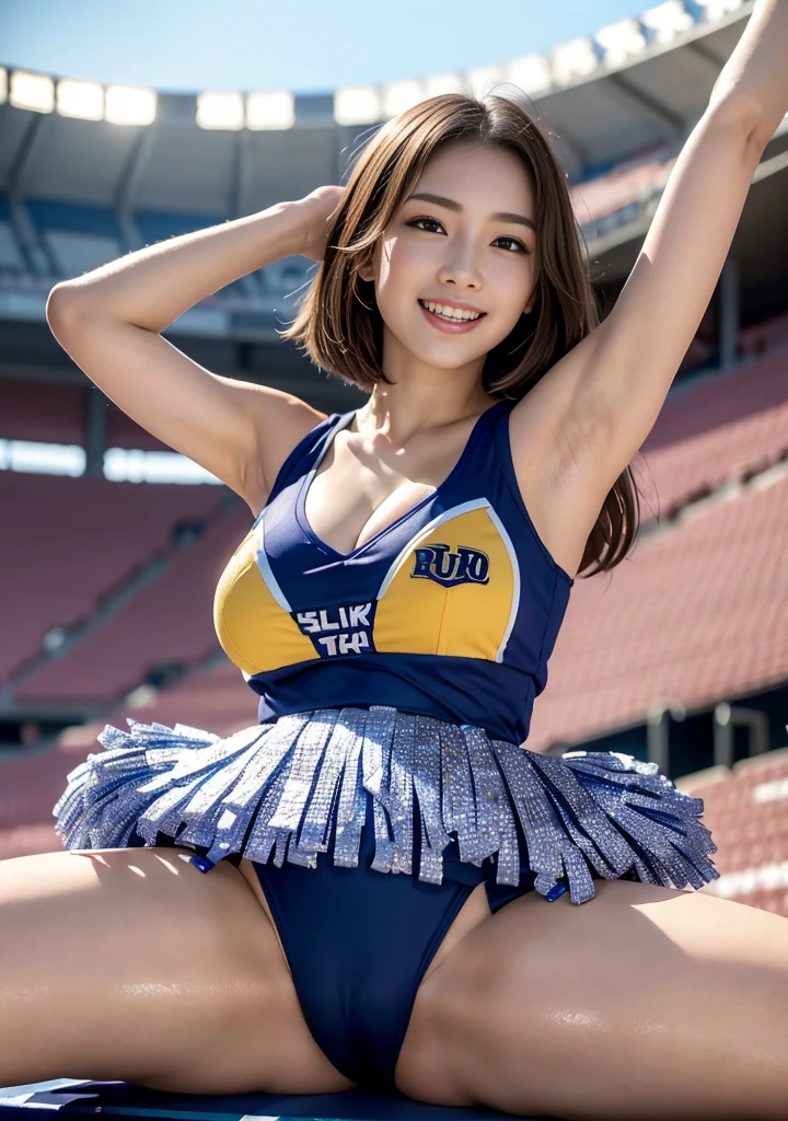 ((Highest quality、8k、Like the picture:1.4、masterpiece))、Backlight、Woman with highly detailed facial texture、 Big Breasts, Accentuate your cleavage, Cute Japanese Woman、18-year-old、(((Cheerleader:1.2)))、((Stadium Background:1.2))、Raise your arms、((Camera angle from below:1.3))、Ultra-detailed skin、Beautiful Makeup、Detailed eyes、((Big smile:1.3))、Open your mouth、(Big and round breasts)Shiny brown messy short hairstyle、Sculptural installation、((Raise both legs:1.3))、((Spread your legs:1.3)), ((Spreading pussy:1.2)),
