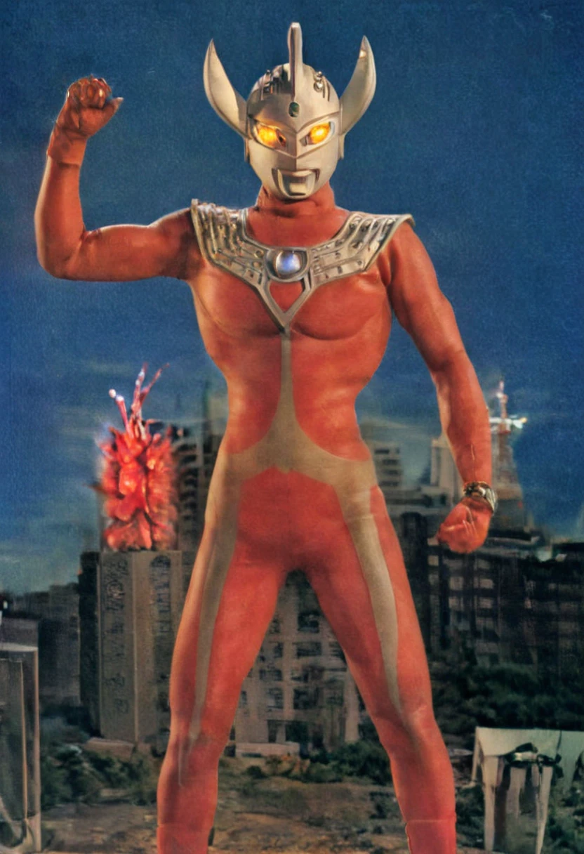 masterpiece,photo realistic,high res,80mm films,4K,giant superhero,Aerial shot, destroyed city, Ultraman Taro's body lying on the rubble, his costume torn in places, dead body, broken corners, silver helmet damaged and tattered, broken and bent limbs, hole in the center of his chest from which blood is pouring out, giant, 40m huge, lean and muscular, 2m people gathered around him
