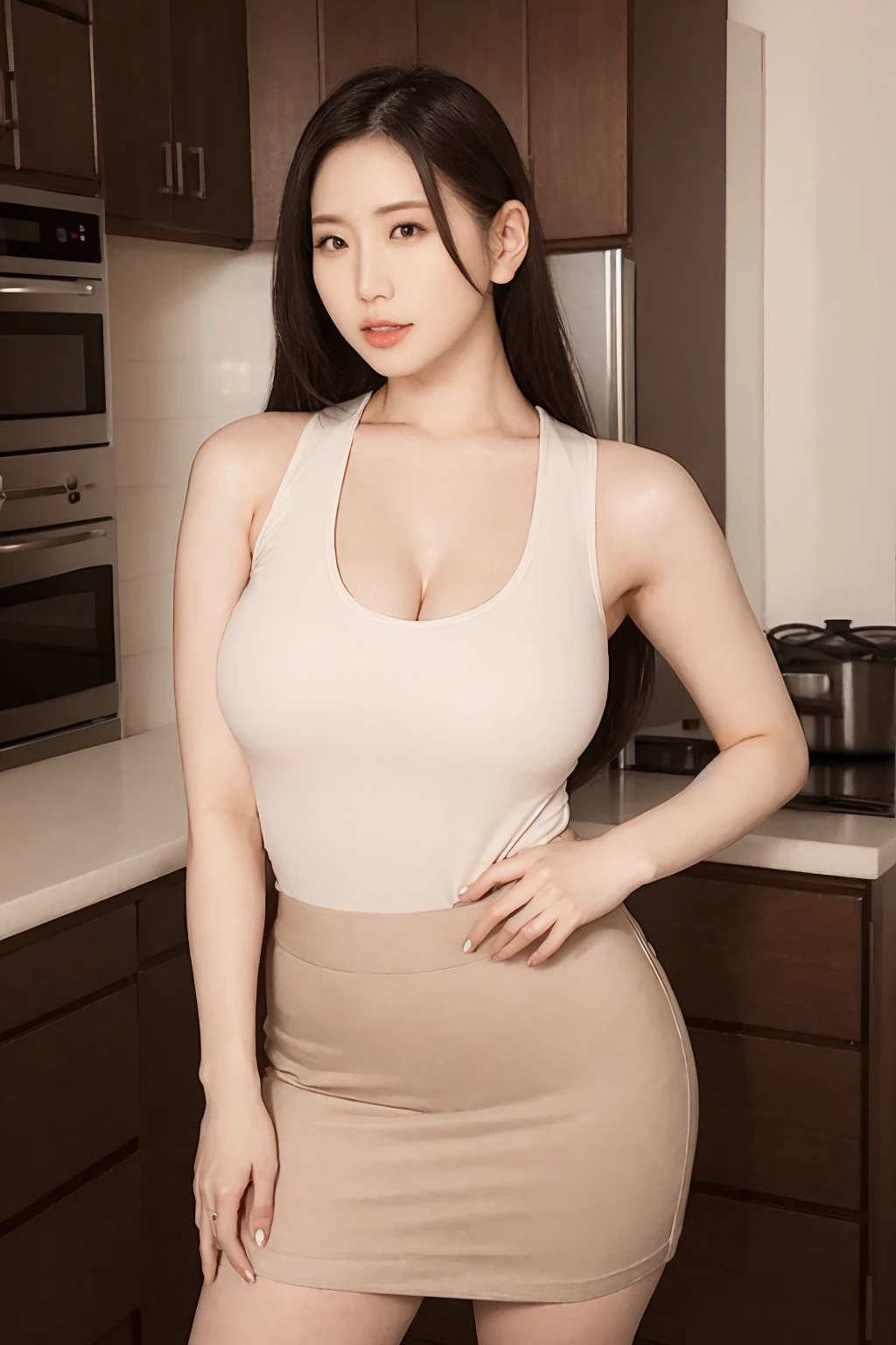 1woman, aisayama_jav, big breasts, long hair, parted lips, standing, wearing tank top, skirt, highwaist,
looking at viewer, shot using canon DSLR,
detailed body, attractive body, perfect human body, realistic face, kitchen setting
(ultimate quality, masterpiece, highres:1.0), realistic:1.6, photorealistic,