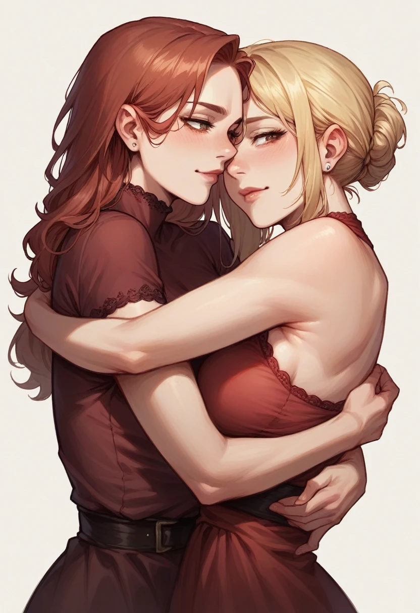 Strong woman with cold blonde hair, burgundy dress hugging her body, about to let her hair down, detailed face and detailed body