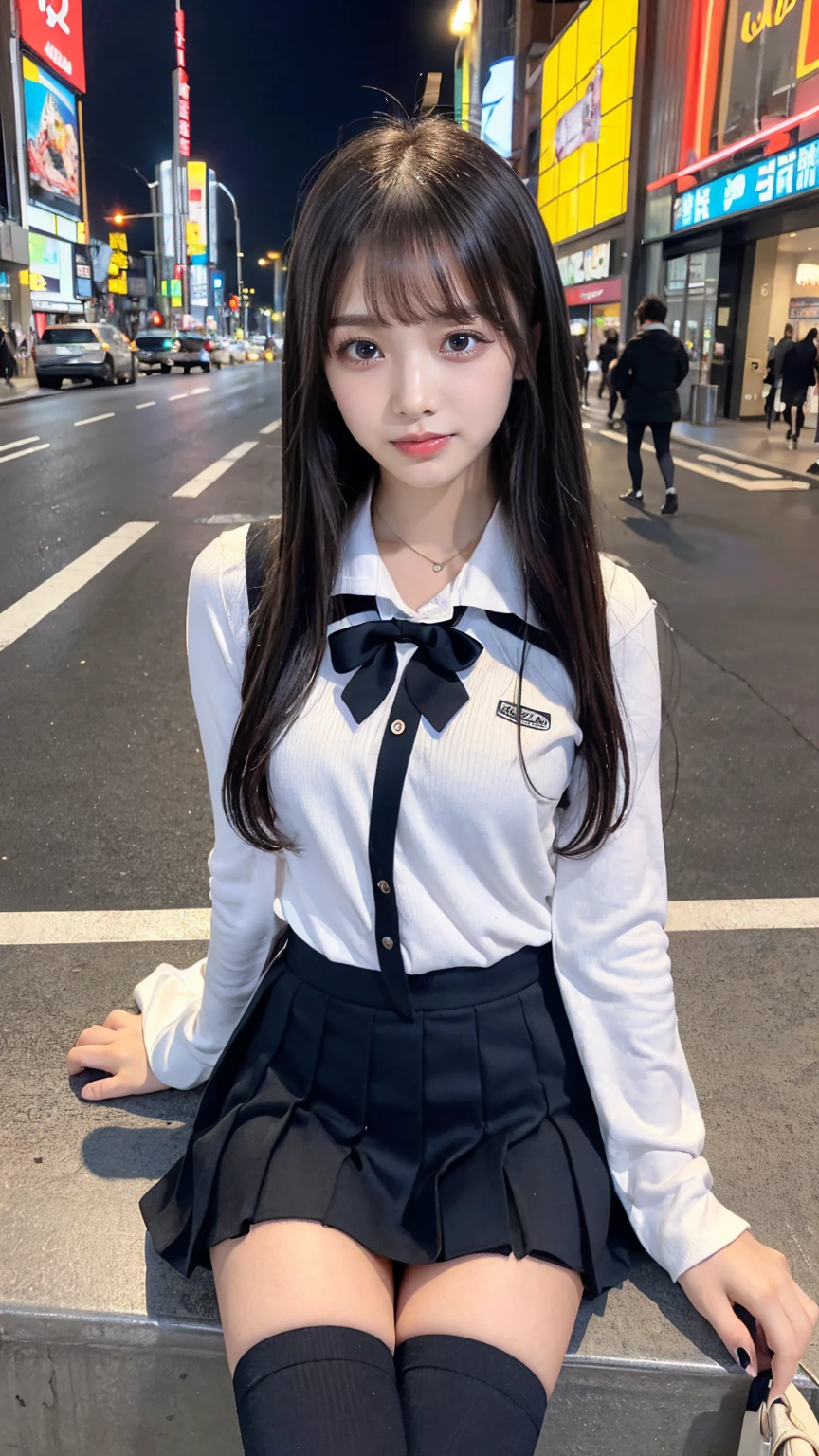 ((masterpiece, Highest quality)),Best aesthetics,One Girl,  Sitting, school machinery, Black hair straight, Hotel district,Long Hair, View your audience, :p, Focus Only, Brown eyes, mini skirt, Long sleeve, 1 boy,Black Seraphim, Multiple Girls, Pleated skirt, Sailor collar, bangs,smile,,Knee-high socks,(Kabukicho at night)