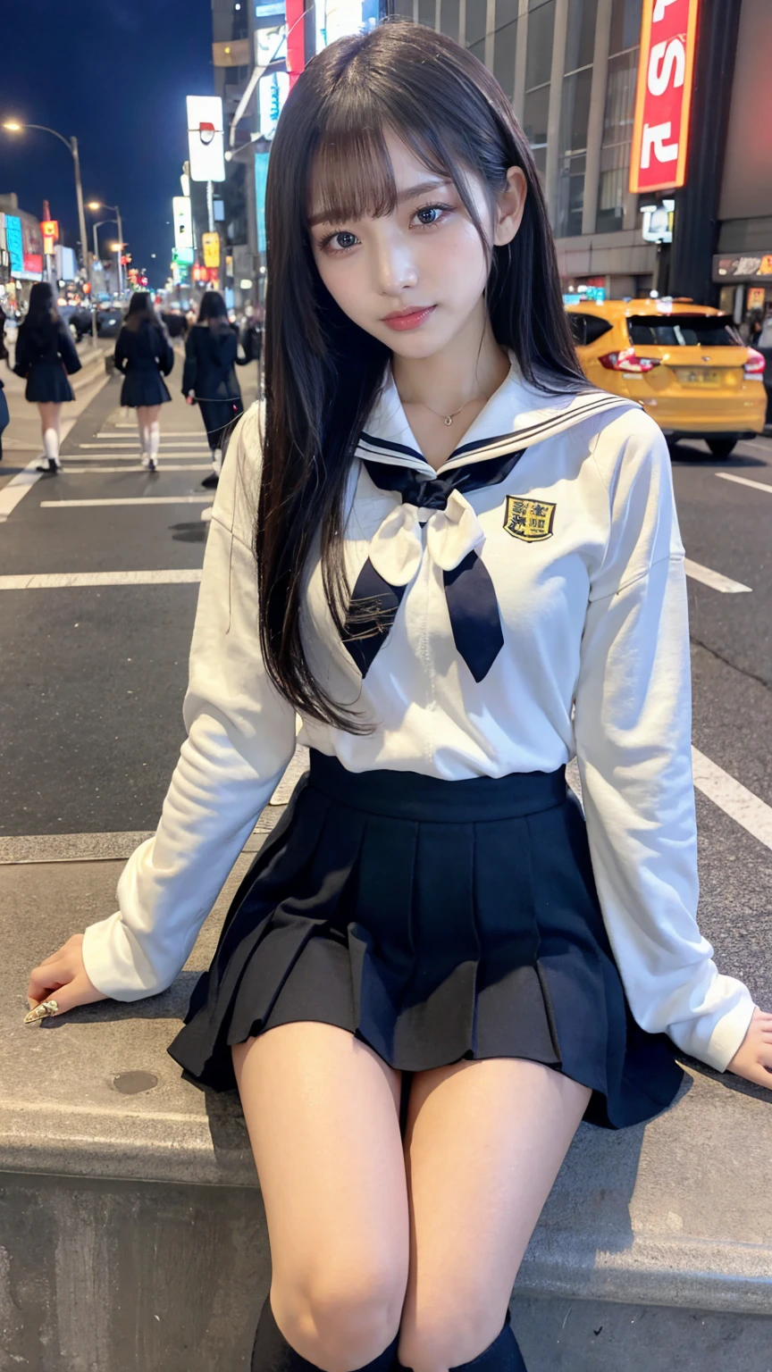 ((masterpiece, Highest quality)),Best aesthetics,One Girl, Sitting, school machinery, Black hair straight, Hotel district,Long Hair, View your audience, :p, Focus Only, Brown eyes, mini skirt, Long sleeve, 1 boy,Black Seraphim, Multiple Girls, Pleated skirt, Sailor collar, bangs,smile,,Knee-high socks,(Kabukicho at night)