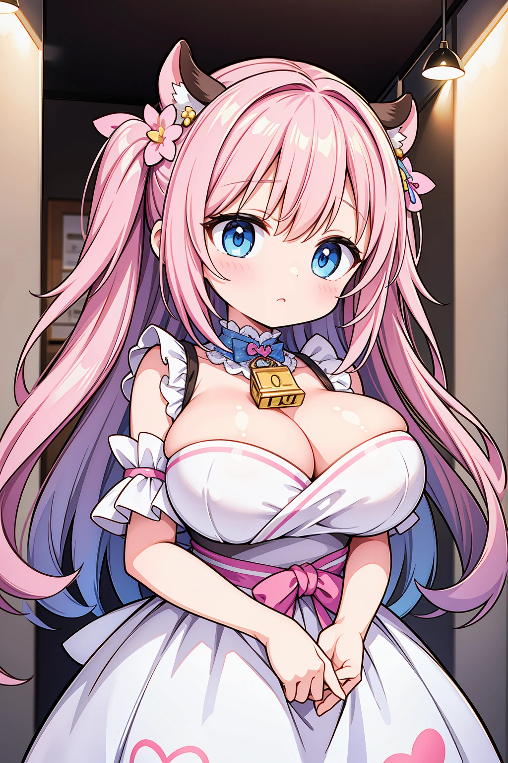 A masterpiece of a mature woman with big breasts, dressed in a pastel pink Japanese maid cafe outfit, with studio lights and beautiful shading, featuring kawaii elements like cow ears and pastel pink spots on ears, cute pastel colors, pastel blue rainbow hair with highlights, decorated with hairclips, ornaments, stars, hearts, and a cowbell. The image should have ultra detailed and best quality, with cinematic lighting and an adorable, decora style with many accessories.