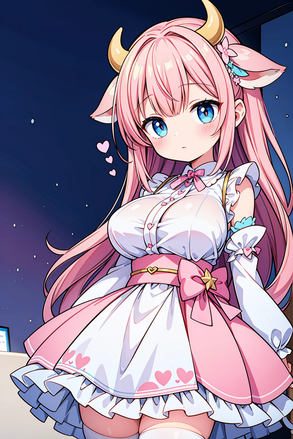 A masterpiece of a mature woman with big breasts, dressed in a pastel pink Japanese maid cafe outfit, with studio lights and beautiful shading, featuring kawaii elements like cow ears and pastel pink spots on ears, cute pastel colors, pastel blue rainbow hair with highlights, decorated with hairclips, ornaments, stars, hearts, and a cowbell. The image should have ultra detailed and best quality, with cinematic lighting and an adorable, decora style with many accessories.